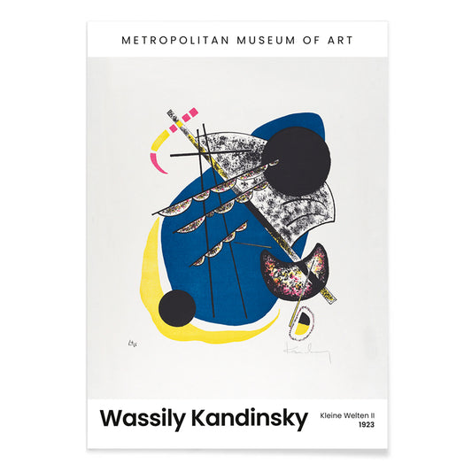 Abstract geometric art poster with bold colors blue yellow and black featuring Kleine Welten II Small Worlds II by Wassily Kandinsky, with black aluminium frame on white background
