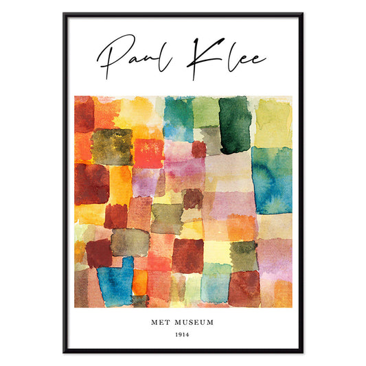 Abstract watercolor squares in vibrant colors by Paul Klee modern wall decor poster with colorful patchwork design, with black aluminium frame on white background