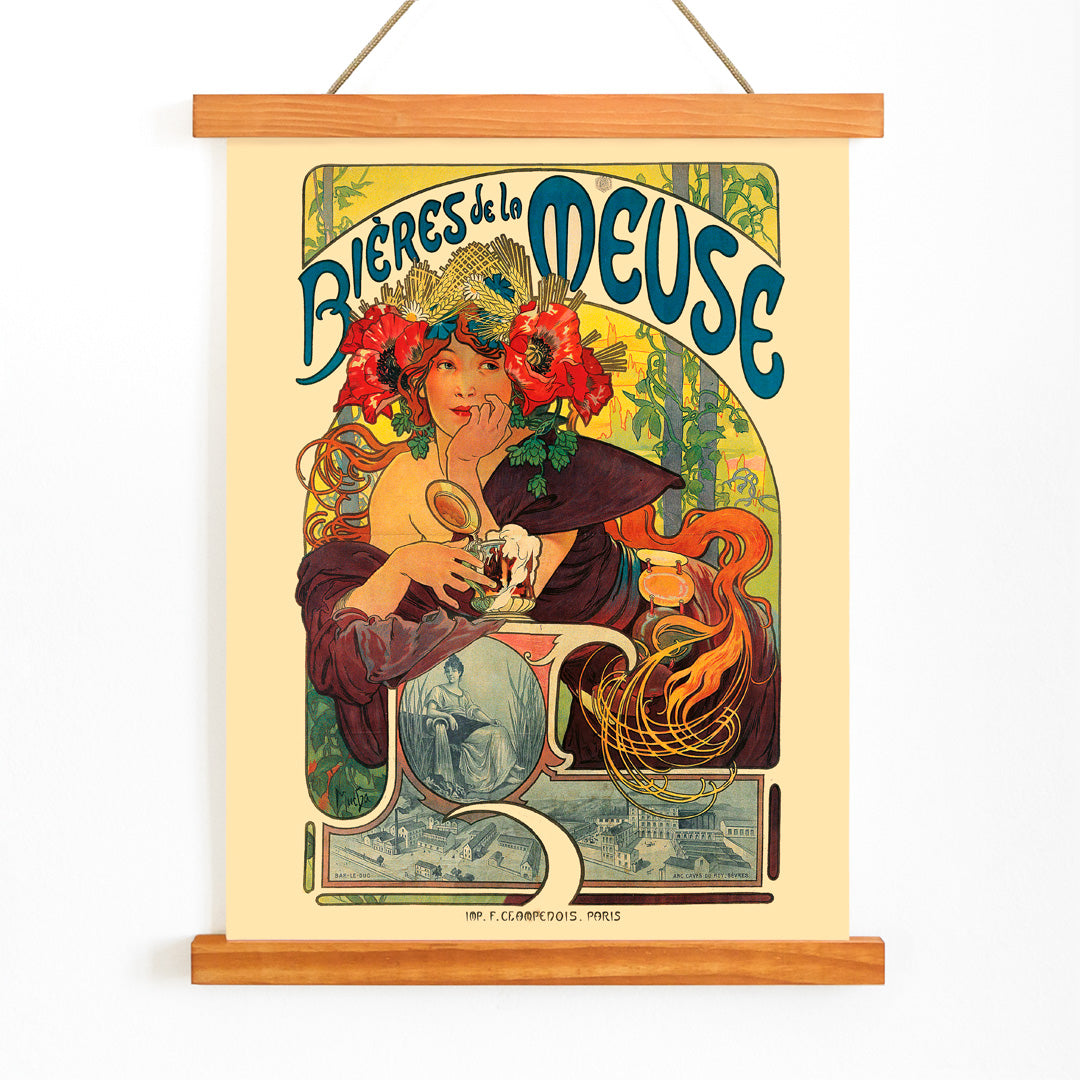 Art Nouveau poster of a woman with flowers in her hair holding a beer glass Bières De La Meuse by Alphonse Mucha, with wooden magnetic frame on white background