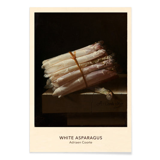 Still life painting of white asparagus on a table by Adriaen Coorte poster artwork, with black aluminium frame on white background
