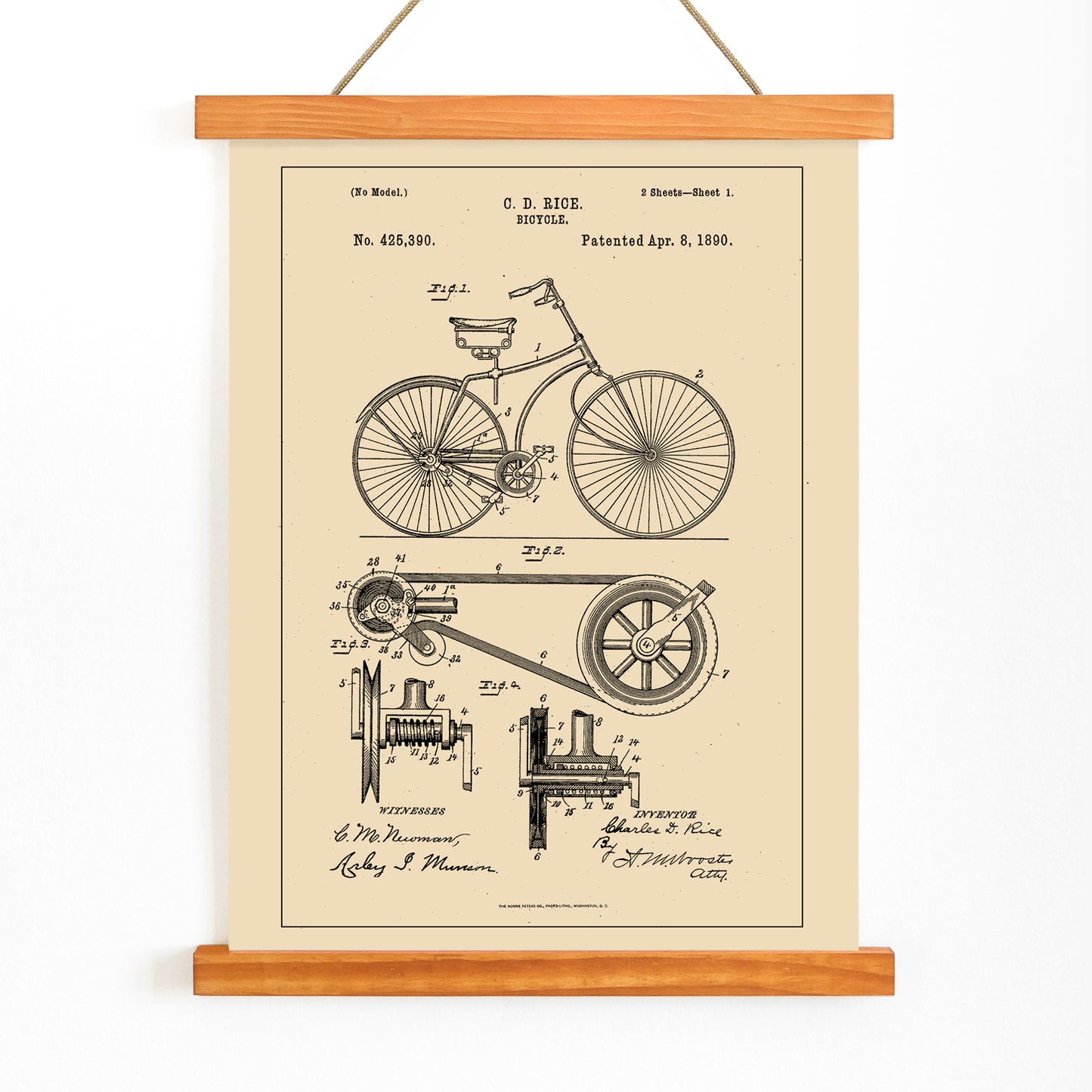 Bicycle technical illustration and mechanical parts drawing by C D Rice from Bicycle patent displayed on vintage background, with wooden magnetic frame on white background