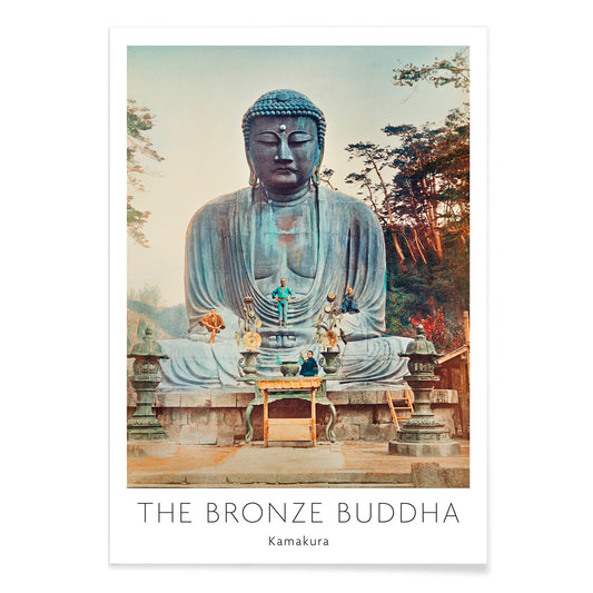 Bronze Buddha at Kamakura by Kazumasa Ogawa large outdoor statue with trees and altar in background, with black aluminium frame on white background
