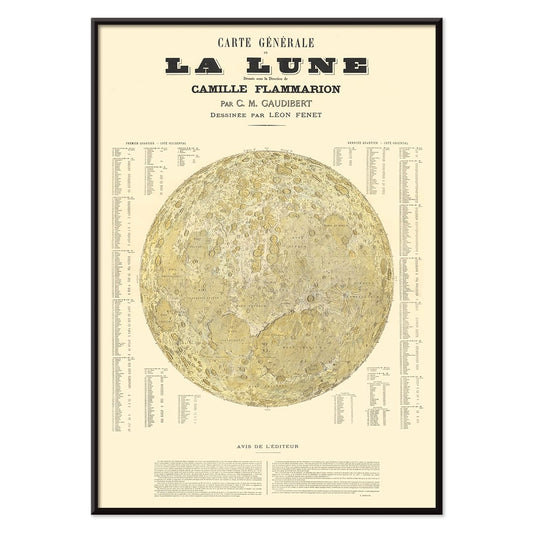 Carte Général de la Lune poster detailed lunar map by Camille Flammarion C M Gaudibert and Léon Fenet, with black aluminium frame on white background