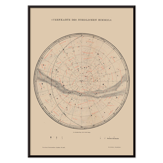Vintage astronomy poster featuring a detailed map of northern sky stars titled Nothern Sky Star Poster by The Institute of Liepzig perfect for wall decor, with black aluminium frame on white background