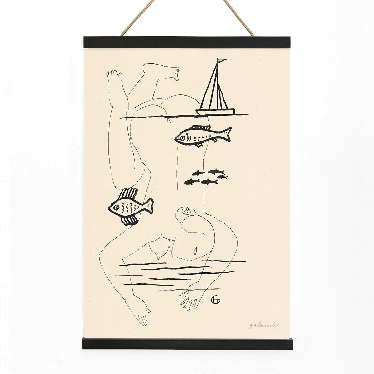 Drowned by Mikuláš Galanda surreal minimalist line drawing poster featuring abstract human figure fish and sailboat, with wooden magnetic frame on white background