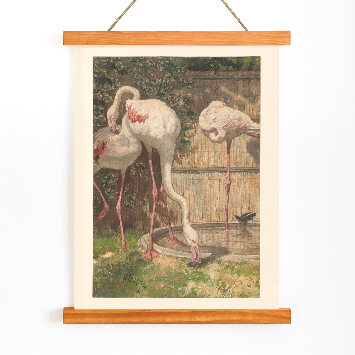 Three flamingos standing and drinking near a basin in a garden artwork by August Allebé titled Three Flamingos near a Basin poster, with wooden magnetic frame on white background