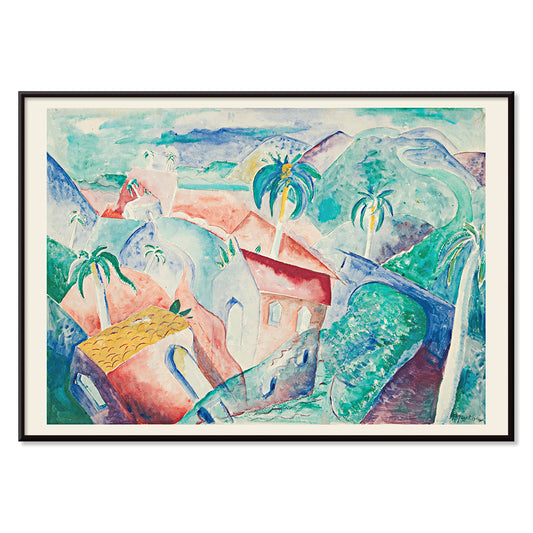 Colorful abstract Cuban landscape painting by Paul Gaulois featuring palm trees and vibrant houses in a tropical scenic setting poster, with black aluminium frame on white background