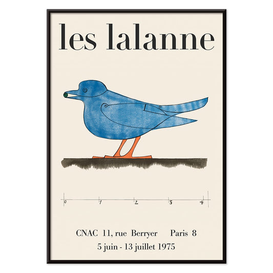 Les Lalanne Exhibition poster by Francois Xavier Lalanne featuring a stylized blue bird with orange legs on beige background, with black aluminium frame on white background