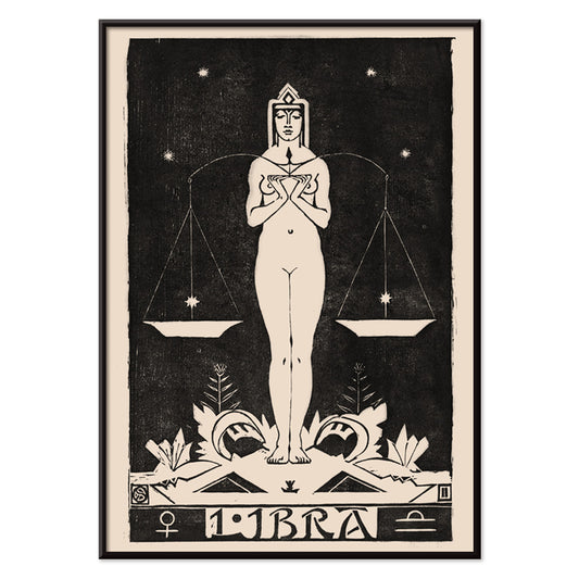 Art Nouveau Libra zodiac sign illustration by Henri van der Stok featuring a woman holding balanced scales and stars, with black aluminium frame on white background