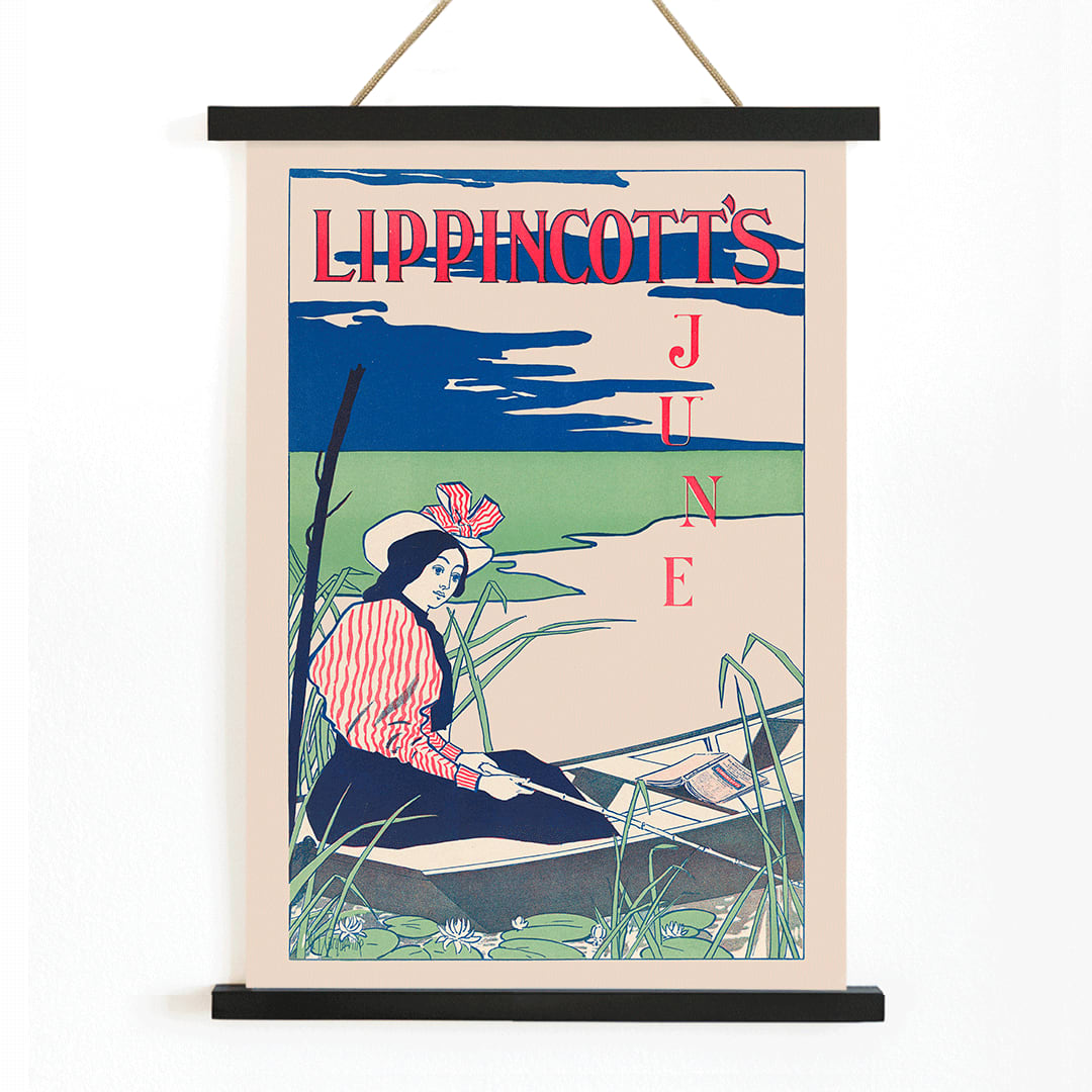 Woman boating on a serene river wearing a striped dress and hat surrounded by reeds and water lilies Lippincotts June by William Carqueville, with wooden magnetic frame on white background