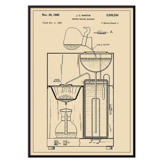 Vintage coffee making machine patent drawing and technical poster by JC Martin with labeled components and mechanisms, with black aluminium frame on white background