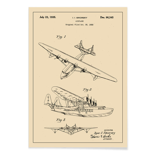 Detailed technical drawing and poster of a seaplane airplane patent by Igor I Sikorsky featuring multiple views and aircraft design sketches, with black aluminium frame on white background