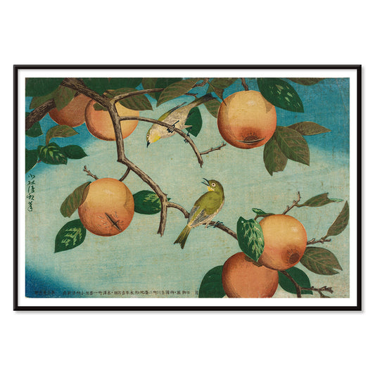 Two white eye birds on persimmon tree with ripe fruit artwork by Kobayashi Kiyochika Persimmons and White Eyes poster, with black aluminium frame on white background