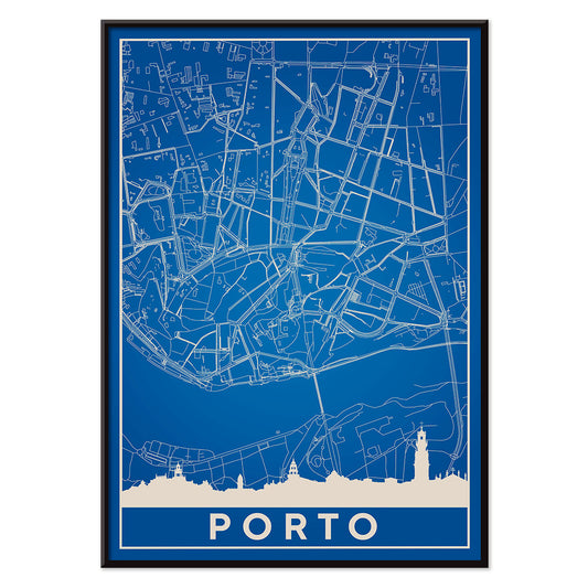 Minimalist blue map of Porto framed poster with white lines modern wall art, with black aluminium frame on white background