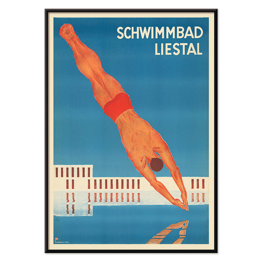 Schwimmbad Liestal poster by artist showing a man diving into a pool with a modern building in the background, with black aluminium frame on white background