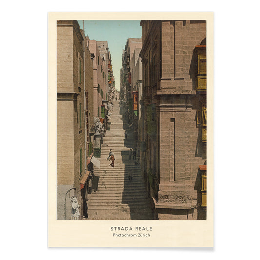 Steep stone staircase and historic street scene with people in Valletta Strada Reale by Photochrom Zurich, with black aluminium frame on white background