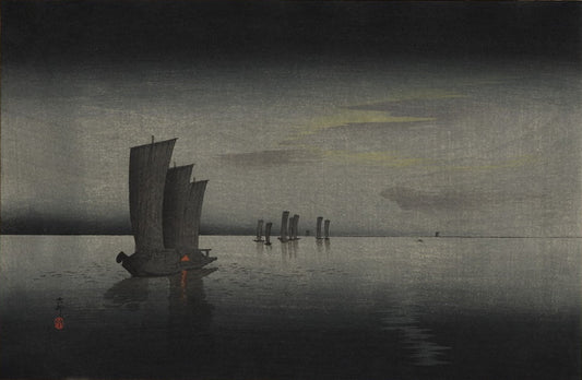 Sailing boats on calm water at evening, woodblock print by Ohara Koson