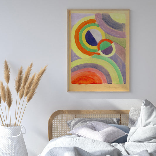 Abstract colorful circular forms and geometric shapes painting by Robert Delaunay titled Composition poster for wall decor, framed and displayed in home decor