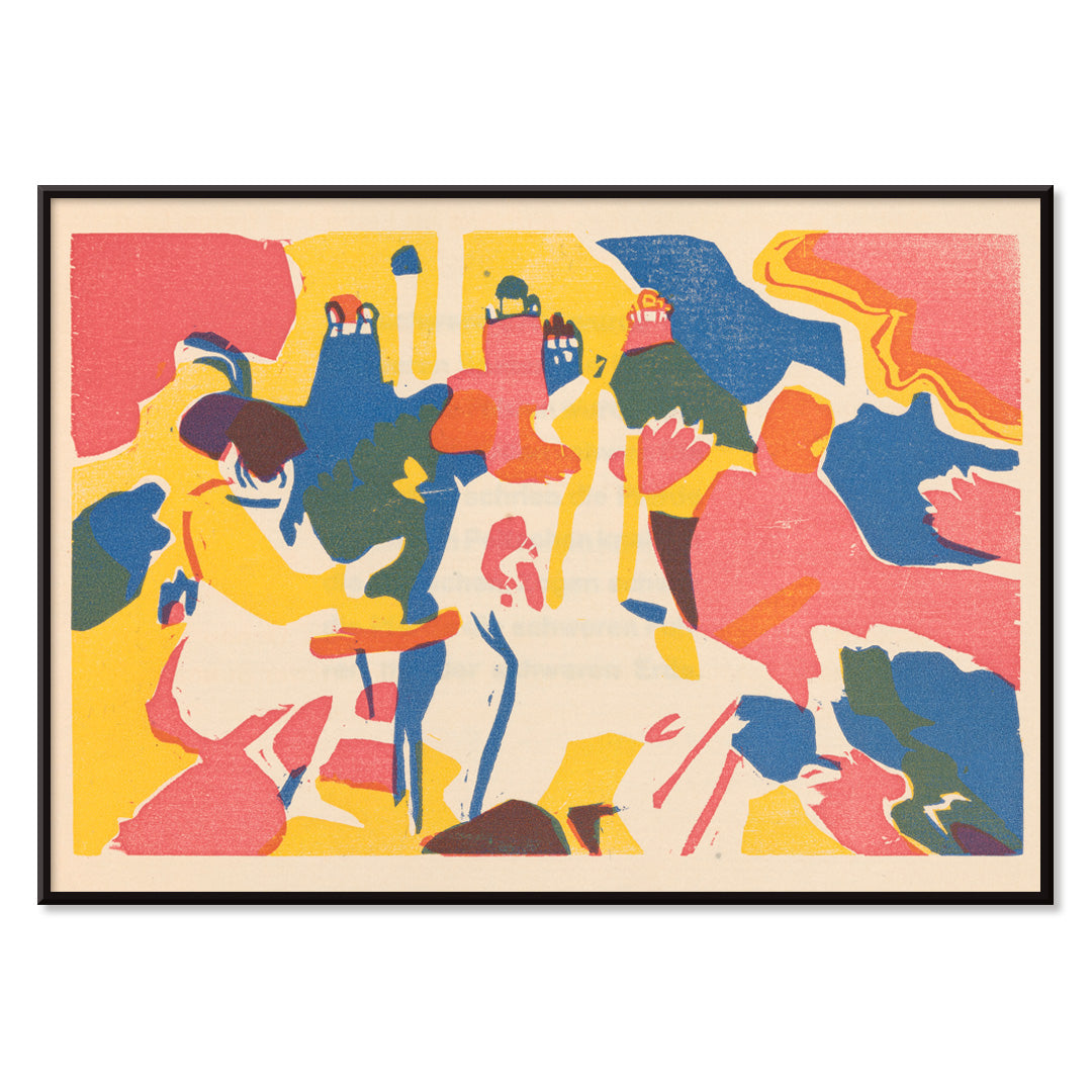 Colorful abstract composition with dynamic shapes and figures Klänge Pl 19 by Wassily Kandinsky modern art poster for home decor, with black aluminium frame on white background