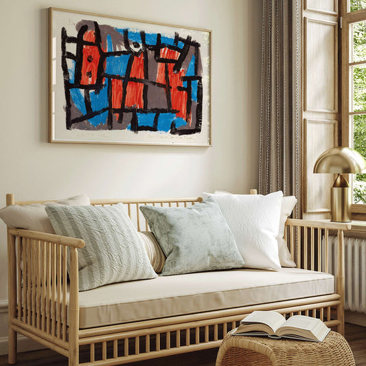 Abstract geometric poster with bold black lines and vibrant red and blue shapes inspired by The Hour Before One Night by Paul Klee, framed and displayed in home decor