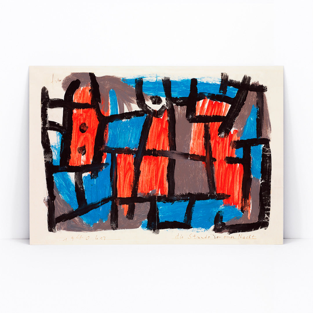 Abstract geometric poster with bold black lines and vibrant red and blue shapes inspired by The Hour Before One Night by Paul Klee, framed and displayed in modern living room decor