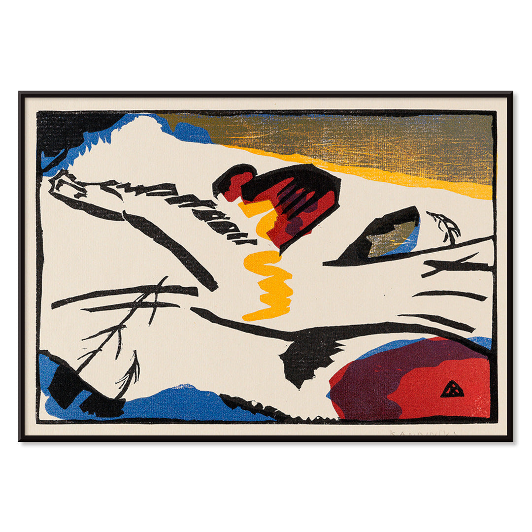 Abstract modern art poster Lyrisches by Wassily Kandinsky with bold lines and vivid colors, with black aluminium frame on white background