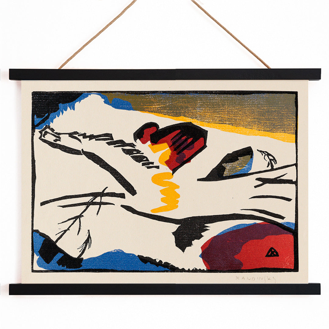 Abstract modern art poster Lyrisches by Wassily Kandinsky with bold lines and vivid colors, with wooden magnetic frame on white background