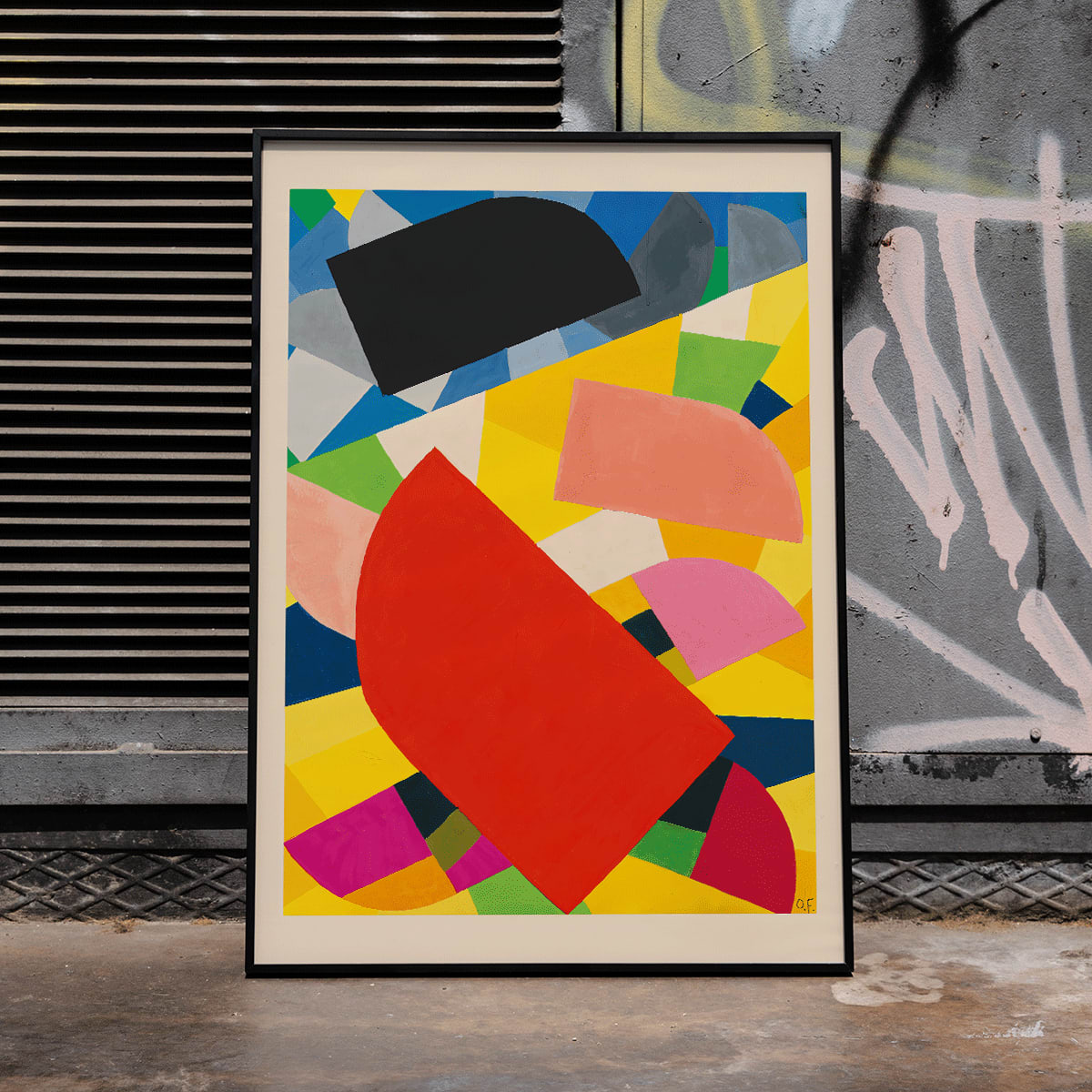 Abstract geometric poster Komposition by Otto Freundlich featuring bold colorful shapes on vibrant yellow background, framed and displayed in home decor