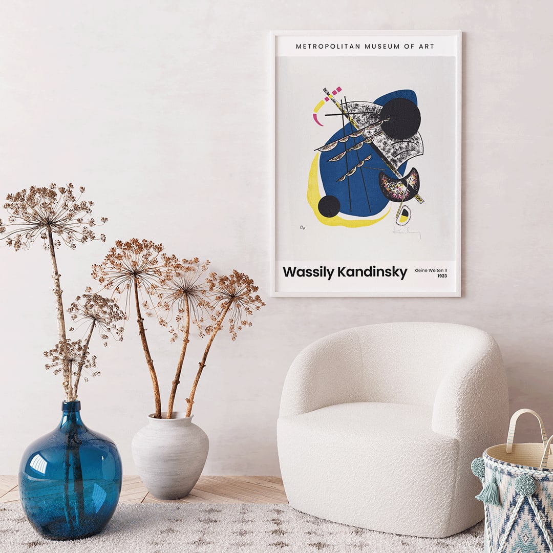 Abstract geometric art poster with bold colors blue yellow and black featuring Kleine Welten II Small Worlds II by Wassily Kandinsky, framed and displayed in home decor
