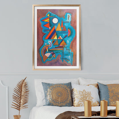 Abstract geometric shapes in vivid colors on blue watercolor background artwork Standing by Wassily Kandinsky, framed and displayed in home decor