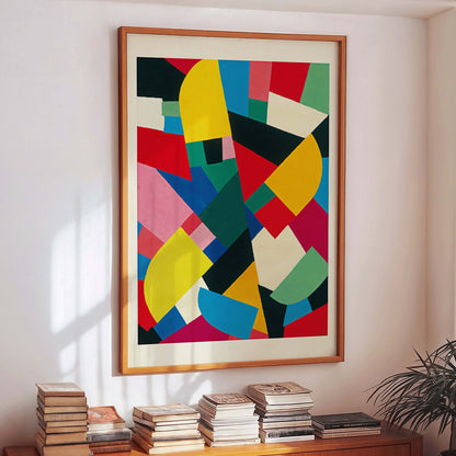Abstract colorful geometric shapes painting and poster Color Patchwork Sans Titre by Otto Freundlich for modern decor, framed and displayed in modern living room decor