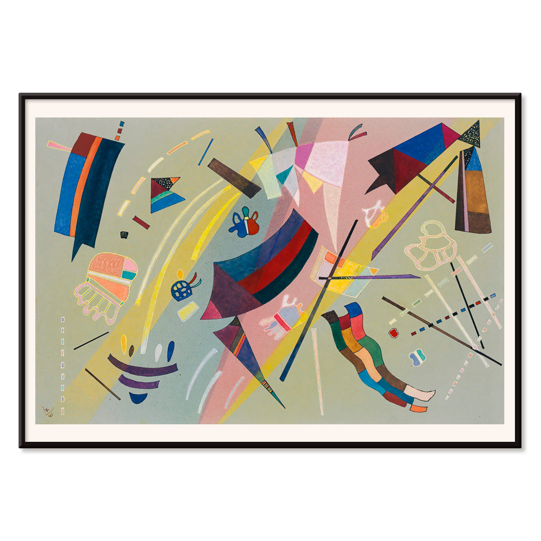 Abstract geometric shapes and vibrant colors inspired by Sans Titre by Wassily Kandinsky modern wall art decor poster, with black aluminium frame on white background
