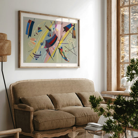 Abstract geometric shapes and vibrant colors inspired by Sans Titre by Wassily Kandinsky modern wall art decor poster, framed and displayed in home decor