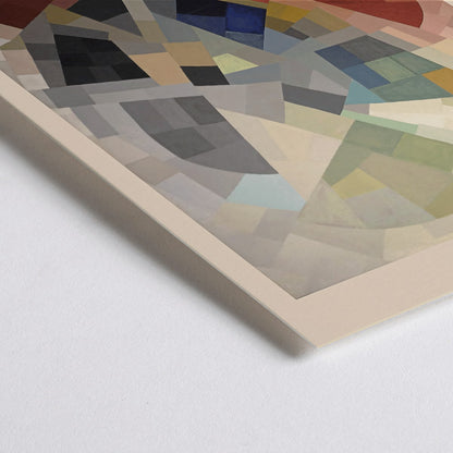 Closeup detail of Abstract geometric art with colorful blocks and earthy tones by Otto Freundlich Komposition displayed in a modern black frame