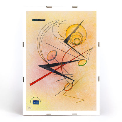 Abstract geometric poster with colored lines and shapes over a warm background by Wassily Kandinsky Kleines Warm, framed and displayed in modern living room decor
