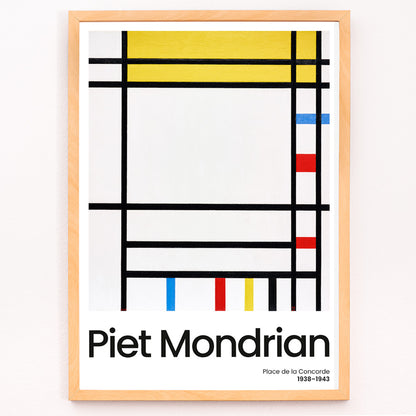 Closeup detail of Abstract geometric painting Place de la Concorde by Piet Mondrian with bold black lines and blocks of red yellow and blue primary colors poster