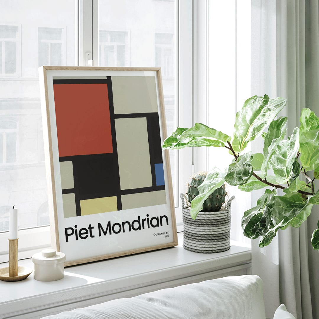 Abstract geometric art poster with bold primary colors and black lines by Piet Mondrian titled Composition, framed and displayed in home decor