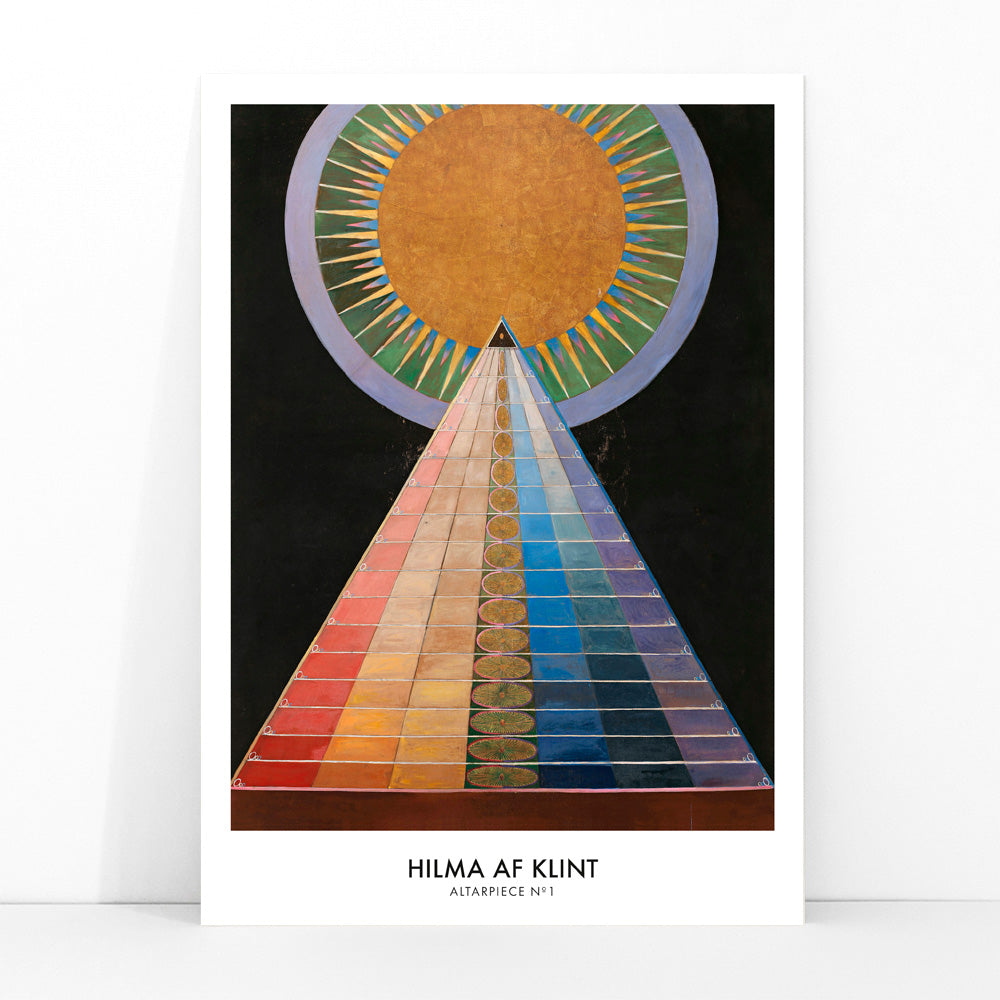 Colorful geometric abstract art poster with radiant circle pyramid and sun motif by Hilma AF Klint Altarpiece No 1 Group X, framed and displayed in modern living room decor