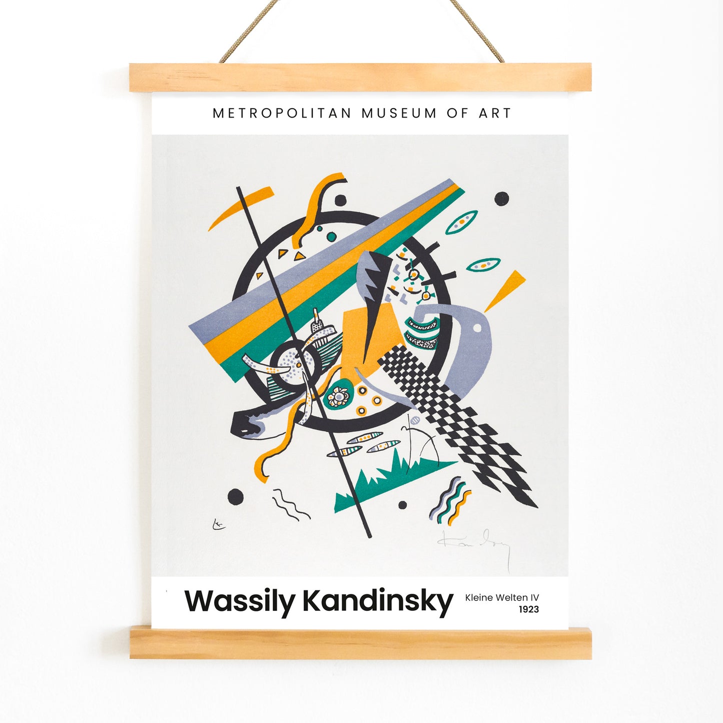 Abstract geometric poster with bold shapes and lines by Wassily Kandinsky from Kleine Welten IV Small Worlds IV, with wooden magnetic frame on white background