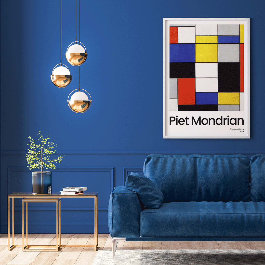 Abstract geometric art poster with colorful squares and rectangles by Piet Mondrian Composition A modern wall decor, framed and displayed in home decor
