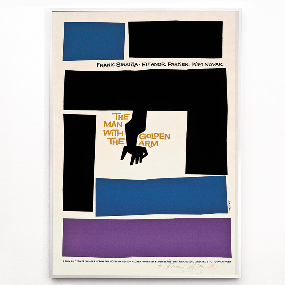 Closeup detail of Movie poster for The Man with the Golden Arm by Saul Bass featuring bold abstract shapes and a stylized arm and hand in vibrant colors