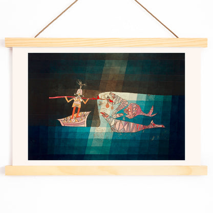Abstract poster of a fighting scene with fisherman and sea creatures from the comic opera the seafarer by Paul Klee, with wooden magnetic frame on white background