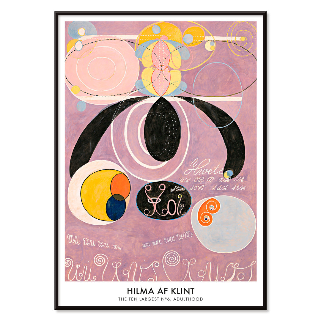 Abstract colorful pastel shapes and spirals artwork from The Ten Largest No 6 by Hilma af Klint poster, with black aluminium frame on white background