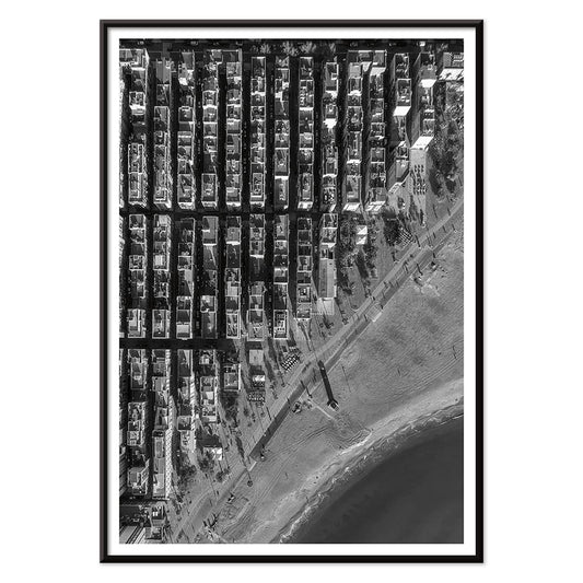Aerial cityscape and black and white poster of Barceloneta beach and city grid aerial view, with black aluminium frame on white background