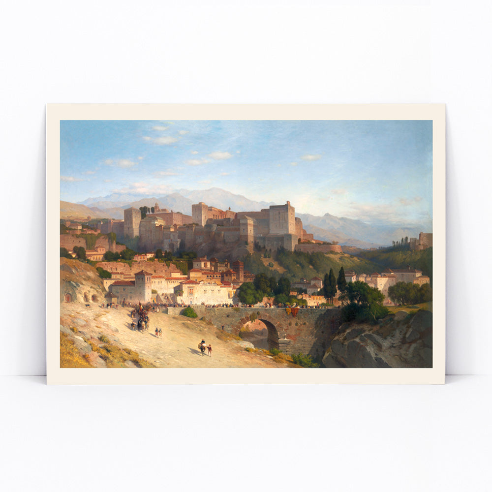 Scenic landscape view of the Alhambra in Granada by Samuel Colman poster titled The Hill of the Alhambra, framed and displayed in modern living room decor