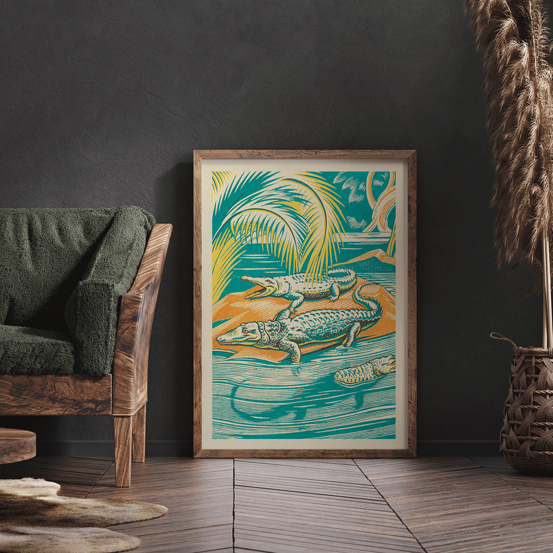 A Jungle Picnic Pl.03 Crocodile by Clifford Webb vibrant jungle artwork and poster showing crocodiles resting by a river under palm trees, framed and displayed in home decor