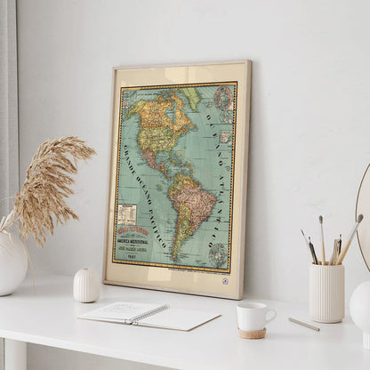 Vintage map poster of North and South America titled América septentrional y América meridional by Paluzie Lucena Josep, framed and displayed in home decor