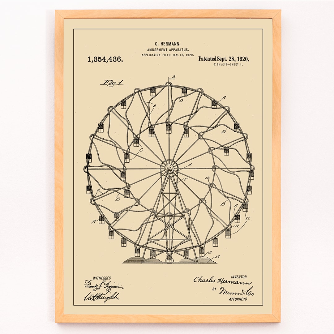 Vintage Ferris Wheel Patent Drawing Amusement Apparatus by Charles Hermann Poster, framed and displayed in modern living room decor