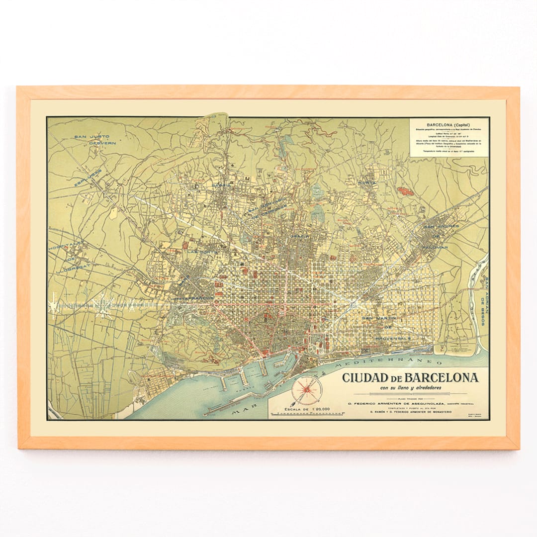 Antique map of Barcelona by D Francisco Coello and D Antonio Sans poster titled Ciudad de Barcelona with detailed city streets and surrounding areas, framed and displayed in modern living room decor