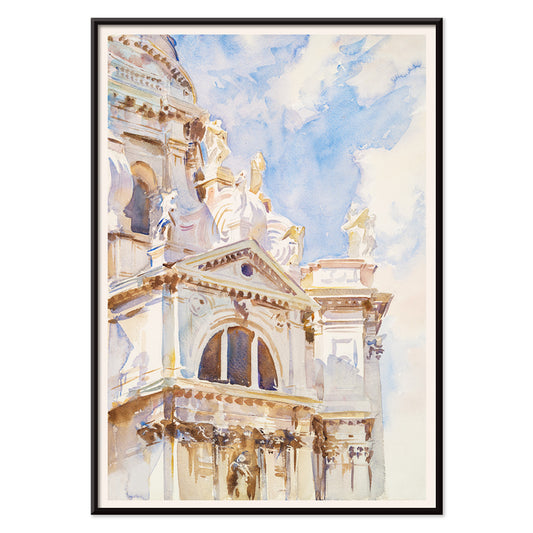 Watercolor painting The Salute Venice by John Singer Sargent featuring sunlit Venetian architecture ornate building and statues, with black aluminium frame on white background